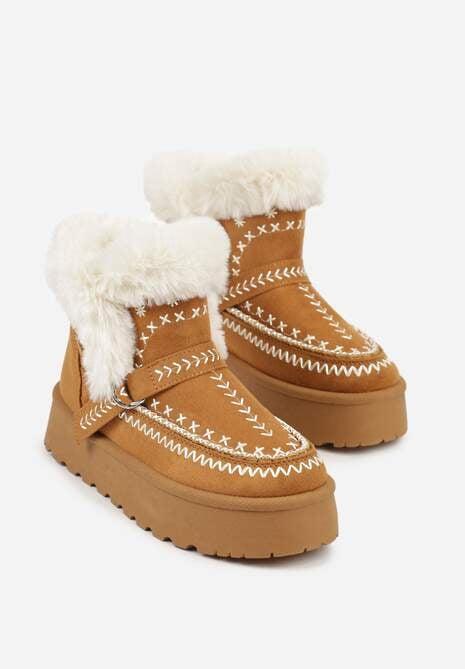 Jasnobrązowe Śniegowce na Platformie z Futerkiem i Haftowanym Wzorem Celatusa 5