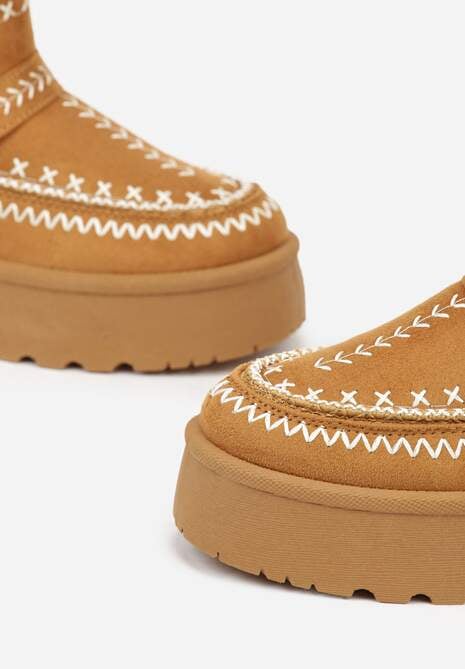 Jasnobrązowe Śniegowce na Platformie z Futerkiem i Haftowanym Wzorem Celatusa 6