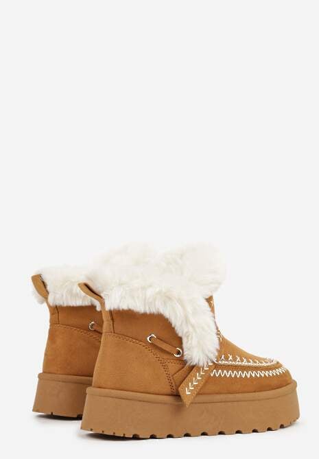 Jasnobrązowe Śniegowce na Platformie z Futerkiem i Haftowanym Wzorem Celatusa 7