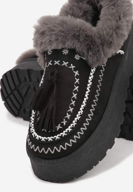 Czarne Śniegowce na Platformie Ozdobione Frędzlami i Haftem Ezivelle 6