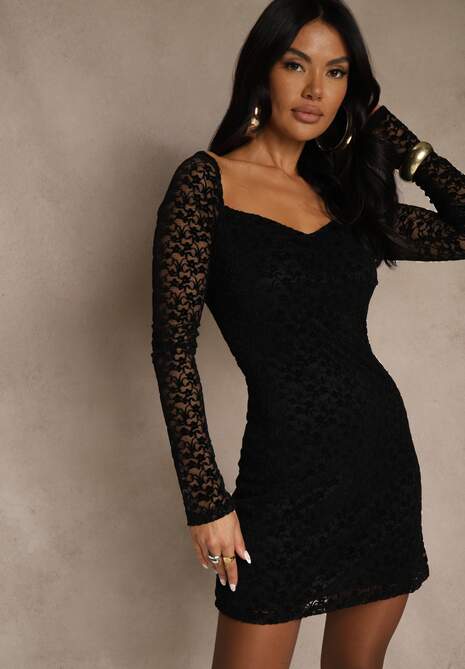 Czarna Dopasowana Sukienka z Koronki z Kwadratowym Dekoltem Uwedia 5
