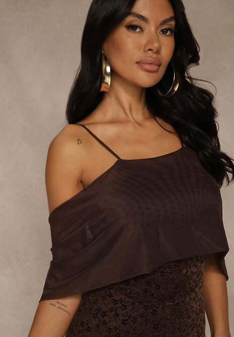 Brązowa Sukienka o Asymetrycznym Kroju Ozdobiona Falbaną Owedia 5