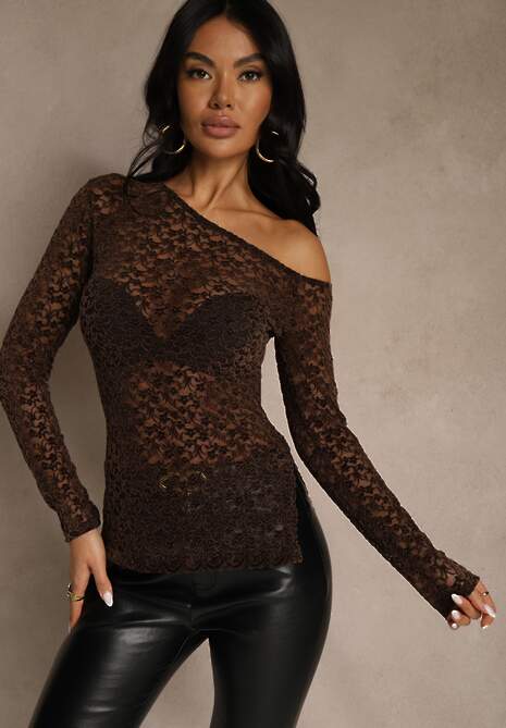 Brązowa Bluzka Longsleeve z Koronki z Asymetrycznym Dekoltem Liwedisa 4