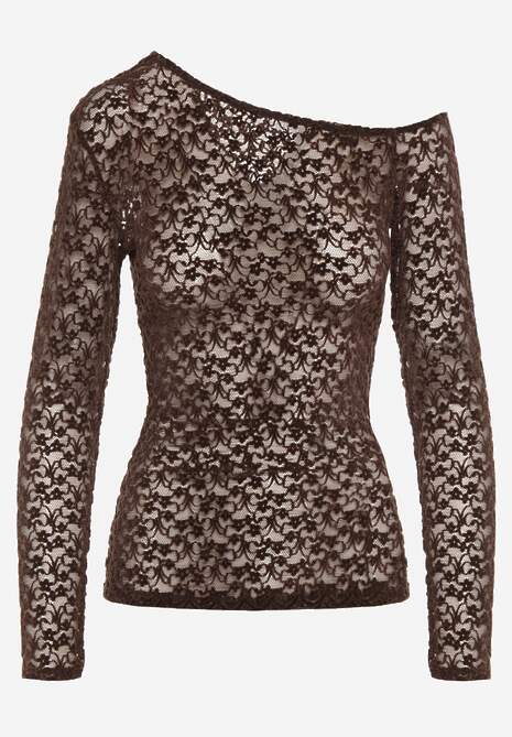 Brązowa Bluzka Longsleeve z Koronki z Asymetrycznym Dekoltem Liwedisa 6