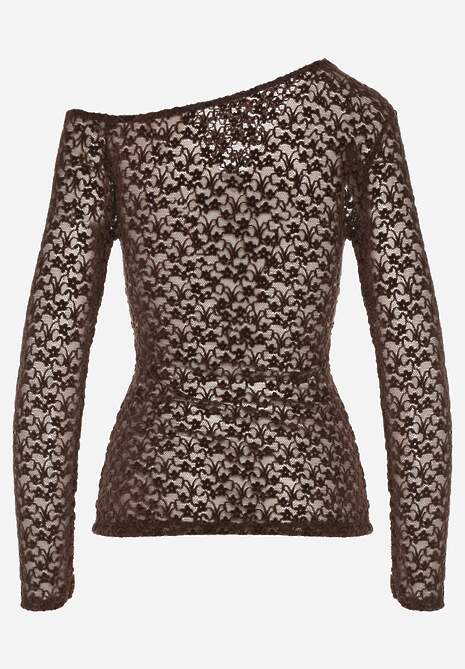 Brązowa Bluzka Longsleeve z Koronki z Asymetrycznym Dekoltem Liwedisa 7