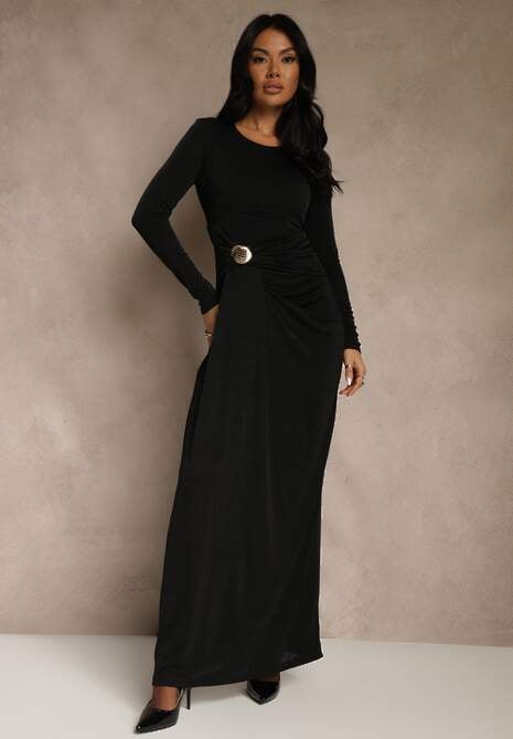 Czarna Marszczona Sukienka Longsleeve Zdobiona Aplikacją w Talii Siweda