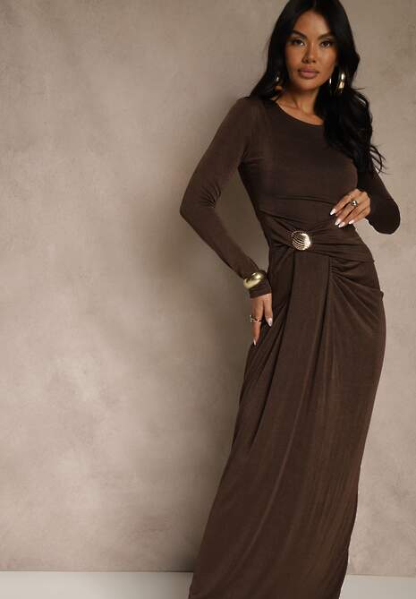 Brązowa Marszczona Sukienka Longsleeve Zdobiona Aplikacją w Talii Siweda 4