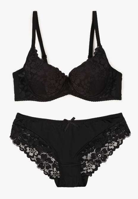 Czarny Koronkowy Komplet Majtki Figi i Biustonosz Eziselle