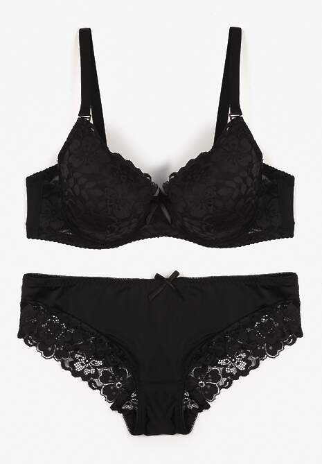 Czarny Koronkowy Komplet Biustonosz i Majtki Figi w Klasycznym Stylu Ezirene
