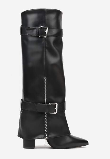 Czarne Kozaki na Słupku z Cholewką Imitującą Nogawkę ze Sprzączkami Unwedara 4