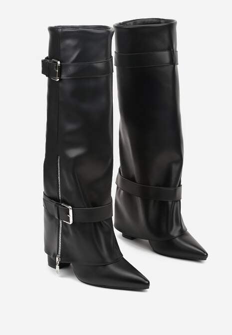 Czarne Kozaki na Słupku z Cholewką Imitującą Nogawkę ze Sprzączkami Unwedara 5