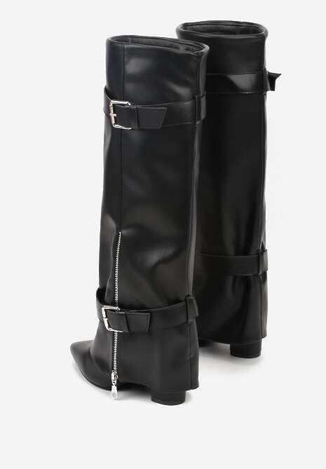 Czarne Kozaki na Słupku z Cholewką Imitującą Nogawkę ze Sprzączkami Unwedara 6