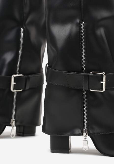 Czarne Kozaki na Słupku z Cholewką Imitującą Nogawkę ze Sprzączkami Unwedara 7