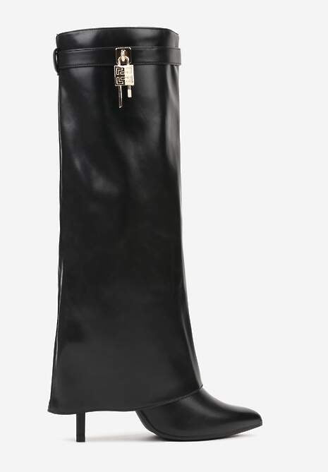 Czarne Kozaki na Szpilce z Wywiniętą Cholewką Zdobioną Aplikacją Kłódką Vetidore 4