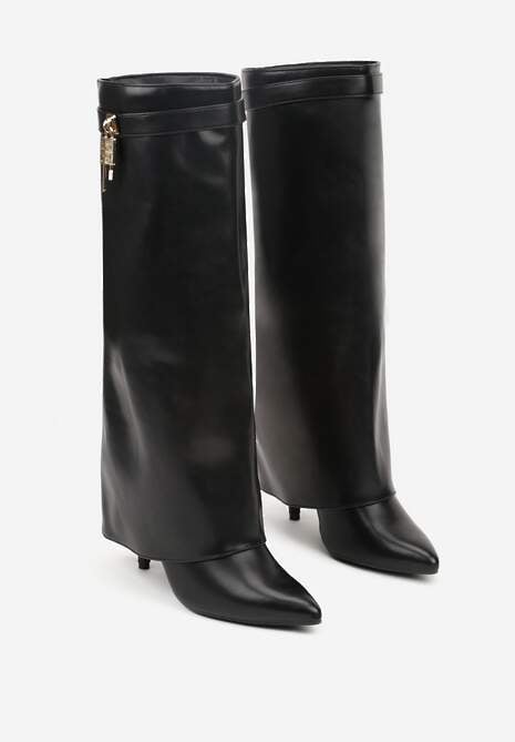 Czarne Kozaki na Szpilce z Wywiniętą Cholewką Zdobioną Aplikacją Kłódką Vetidore 5