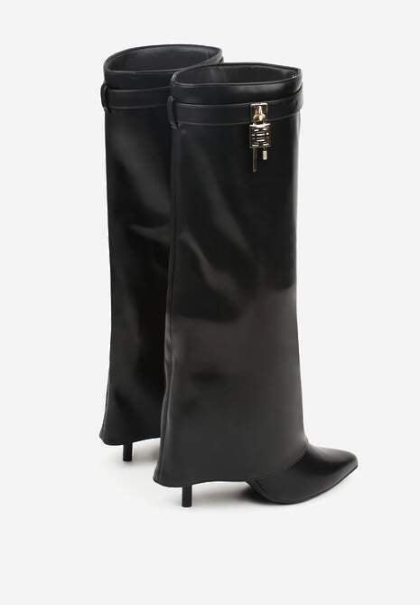 Czarne Kozaki na Szpilce z Wywiniętą Cholewką Zdobioną Aplikacją Kłódką Vetidore 6