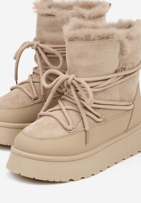 Ciemnobeżowe Śniegowce na Platformie Ozdobione Futerkiem Anwedea 7