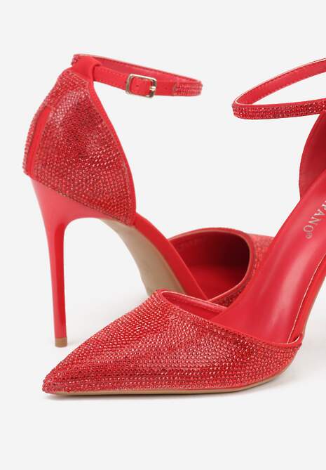 Czerwone Szpilki Zdobione Cyrkoniami i Paskiem z Klamerką Eweda 6