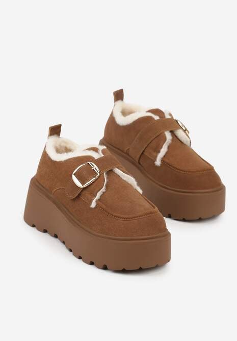 Jasnobrązowe Śniegowce na Platformie z Paskiem ze Sprzączką i Futrem Unweda 5