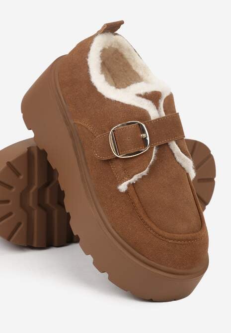 Jasnobrązowe Śniegowce na Platformie z Paskiem ze Sprzączką i Futrem Unweda 6