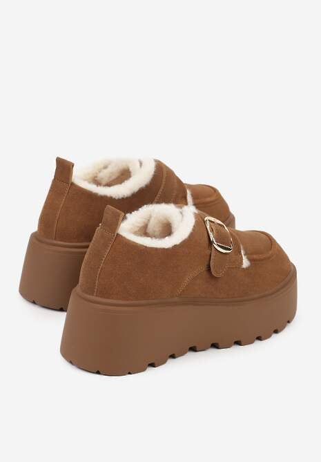 Jasnobrązowe Śniegowce na Platformie z Paskiem ze Sprzączką i Futrem Unweda 7
