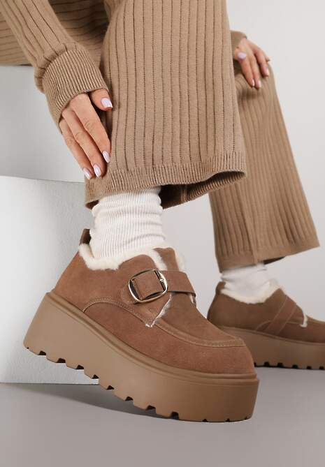 Brązowe Śniegowce na Platformie z Paskiem ze Sprzączką i Futrem Unweda