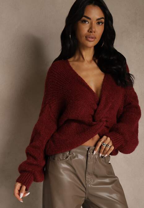Bordowy Oversizowy Sweter z Dodatkiem Wełny Zdobiony Węzłem Lawedana 4