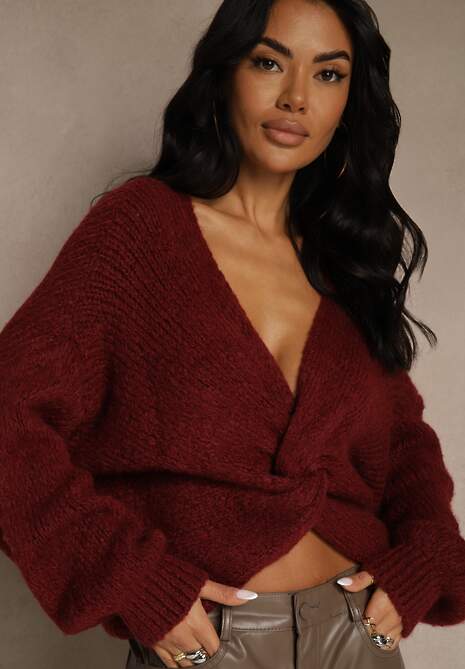 Bordowy Oversizowy Sweter z Dodatkiem Wełny Zdobiony Węzłem Lawedana 5
