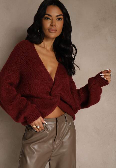 Bordowy Oversizowy Sweter z Dodatkiem Wełny Zdobiony Węzłem Lawedana
