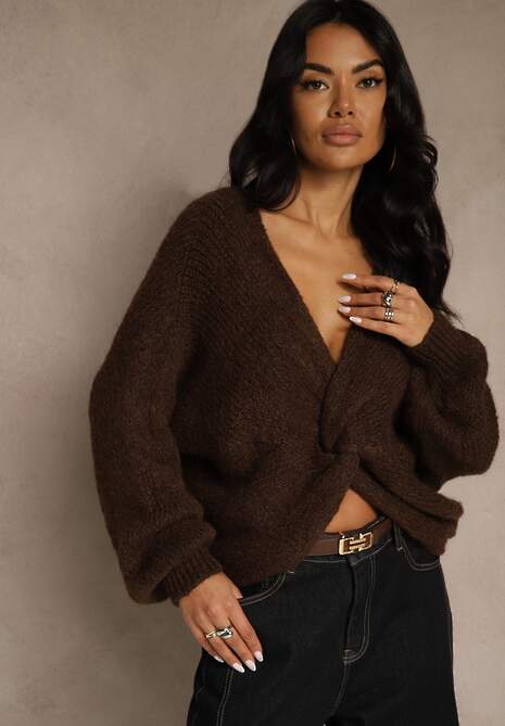 Brązowy Oversizowy Sweter z Dodatkiem Wełny Zdobiony Węzłem Lawedana 5