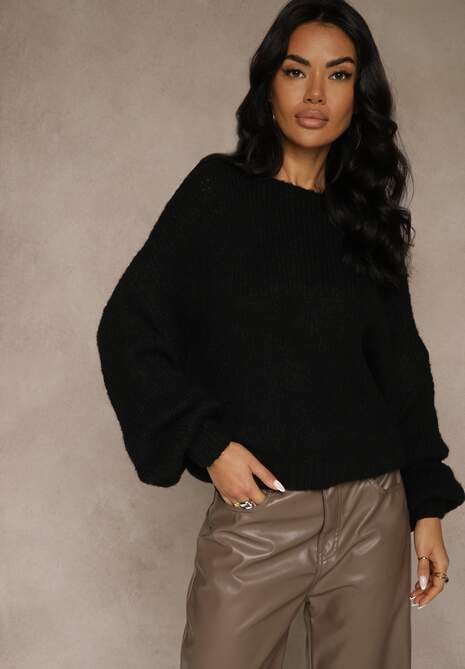 Czarny Oversizowy Sweter z Dodatkiem Wełny Zdobiony Węzłem Lawedana 5