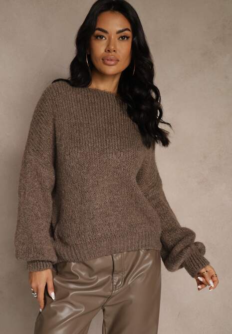 Jasnobrązowy Oversizowy Sweter z Dodatkiem Wełny Zdobiony Węzłem Lawedana 4