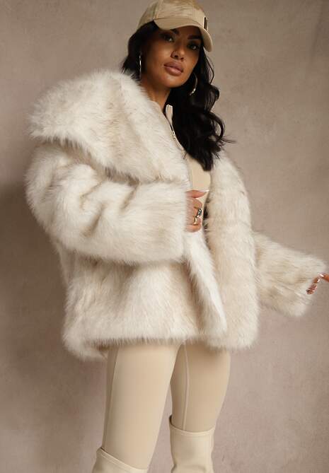 Biała Dwurzędowa Kurtka Futerko Oversize Nenalla 4