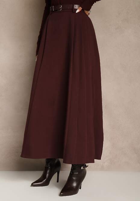 Bordowa Rozkloszowana Spódnica z Wiskozy z Dodatkowym Paskiem z Klamrą Lowedina 4
