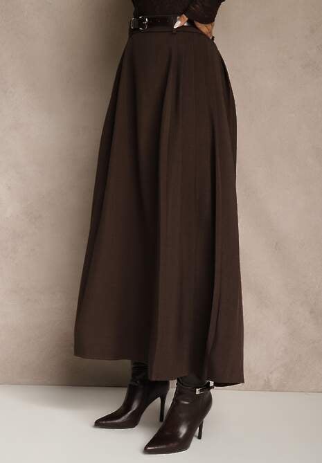 Brązowa Rozkloszowana Spódnica z Wiskozy z Dodatkowym Paskiem z Klamrą Lowedina 4