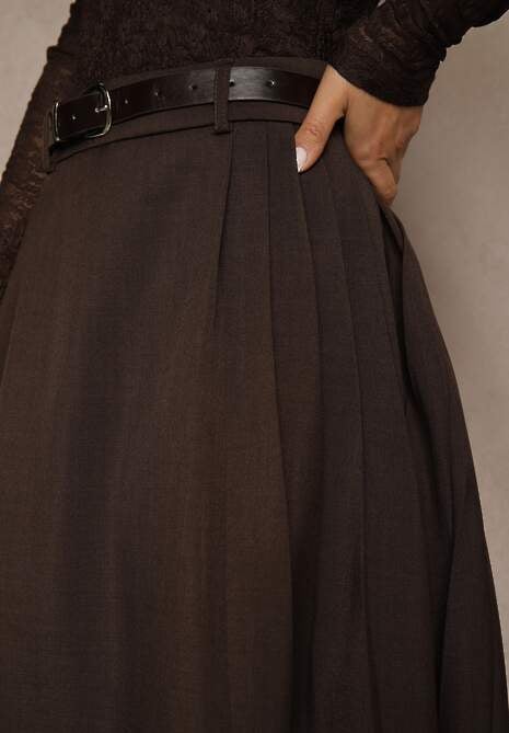 Brązowa Rozkloszowana Spódnica z Wiskozy z Dodatkowym Paskiem z Klamrą Lowedina 5