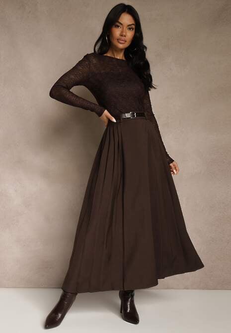 Brązowa Rozkloszowana Spódnica z Wiskozy z Dodatkowym Paskiem z Klamrą Lowedina