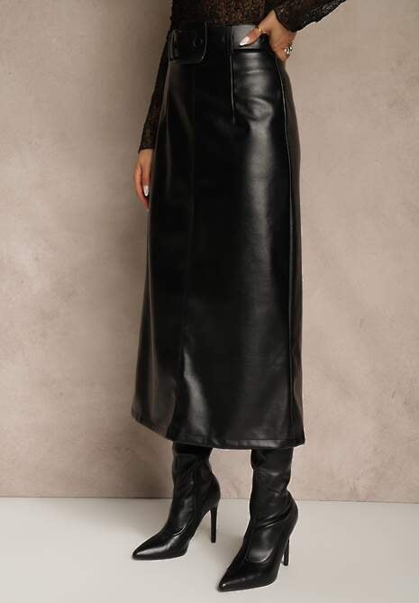Czarna Ołówkowa Spódnica z Imitacji Skóry z Paskiem z Wyrazistą Klamrą Rewedana 4