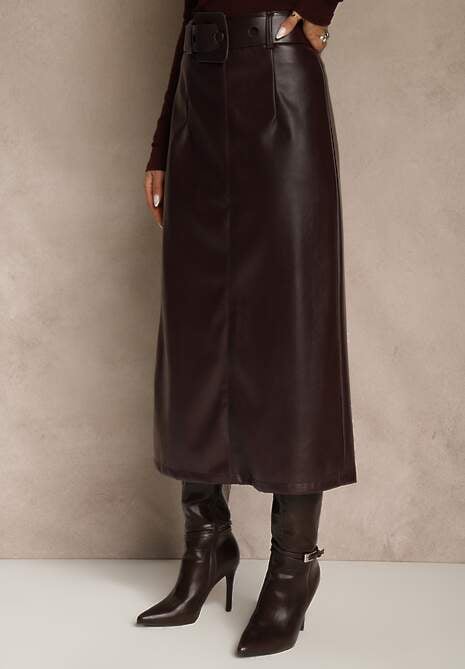 Bordowa Ołówkowa Spódnica z Imitacji Skóry z Paskiem z Wyrazistą Klamrą Rewedana 4