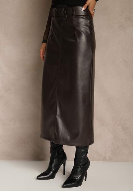 Brązowa Ołówkowa Spódnica z Imitacji Skóry z Paskiem z Wyrazistą Klamrą Rewedana 4