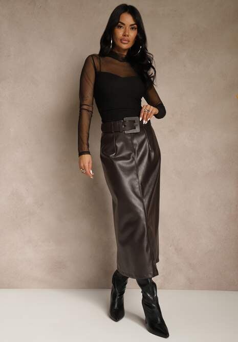 Brązowa Ołówkowa Spódnica z Imitacji Skóry z Paskiem z Wyrazistą Klamrą Rewedana