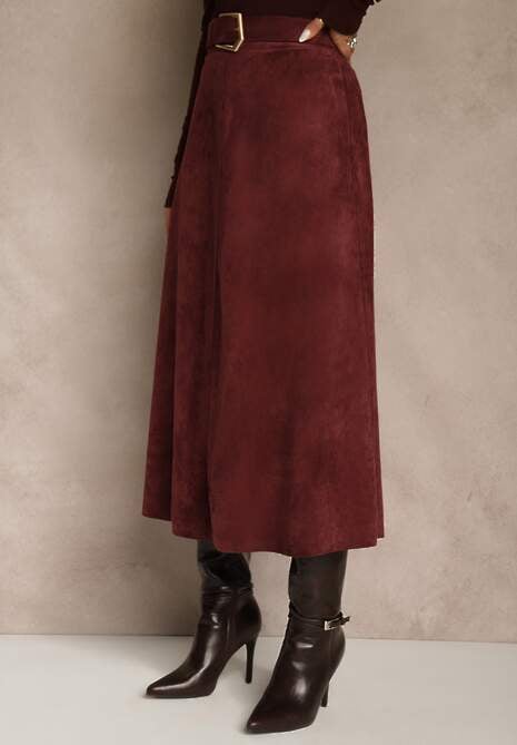 Bordowa Spódnica z Wiskozy z Bawełną z Imitacji Zamszu z Paskiem Oliweda 4