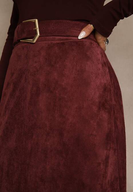 Bordowa Spódnica z Wiskozy z Bawełną z Imitacji Zamszu z Paskiem Oliweda 5
