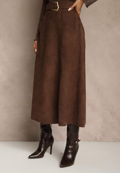 Brązowa Spódnica z Wiskozy z Bawełną z Imitacji Zamszu z Paskiem Oliweda 4