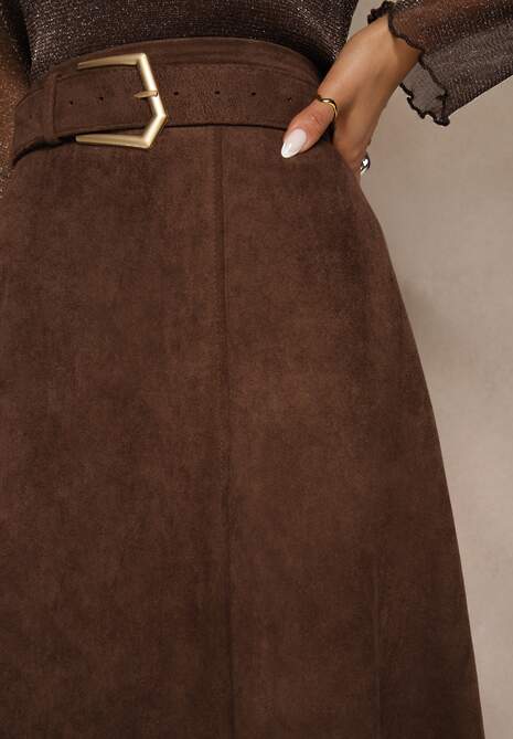 Brązowa Spódnica z Wiskozy z Bawełną z Imitacji Zamszu z Paskiem Oliweda 5