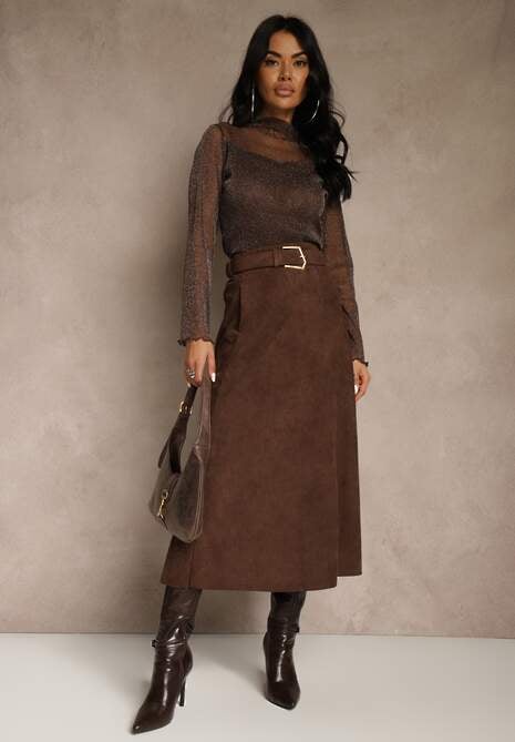 Brązowa Spódnica z Wiskozy z Bawełną z Imitacji Zamszu z Paskiem Oliweda