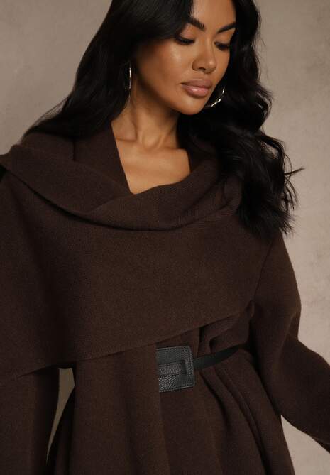 Brązowy Elegancki Kardigan z Wiskozy z Paskiem i Narzutką Roweda 5