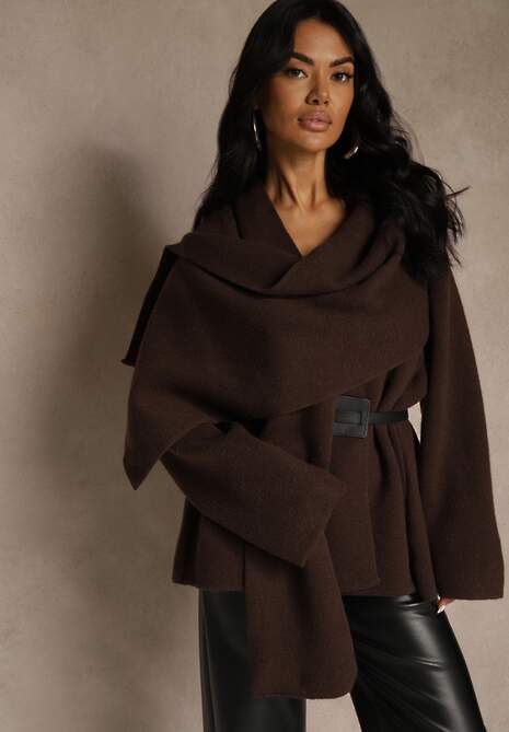 Brązowy Elegancki Kardigan z Wiskozy z Paskiem i Narzutką Roweda