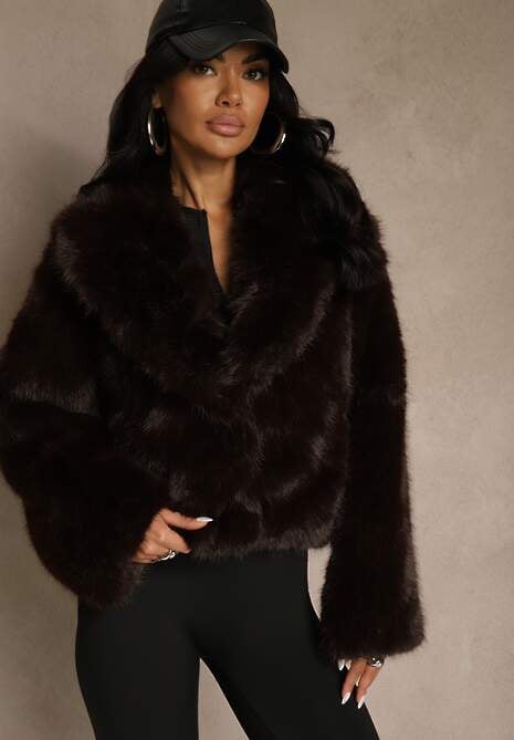 Brązowa Kurtka Futerko Ozdobione Kołnierzem Wedarea