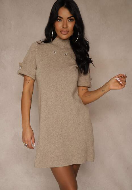 Beżowa Sukienka Sweterkowa o Trapezowym Kroju z Perełkami Liatusea 4
